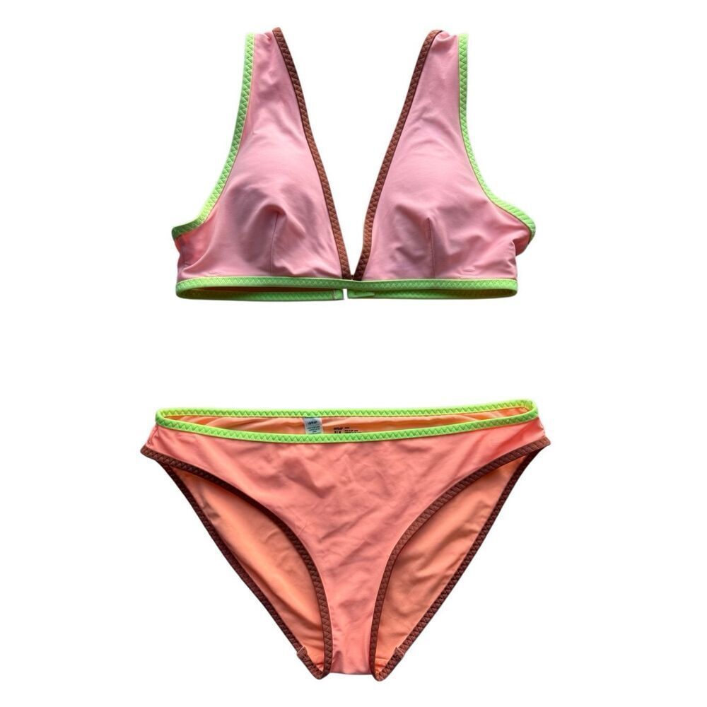 Aerie Color Block Wide Strap Plunge Bikini Top & Matching Bikini Bottoms Size M/